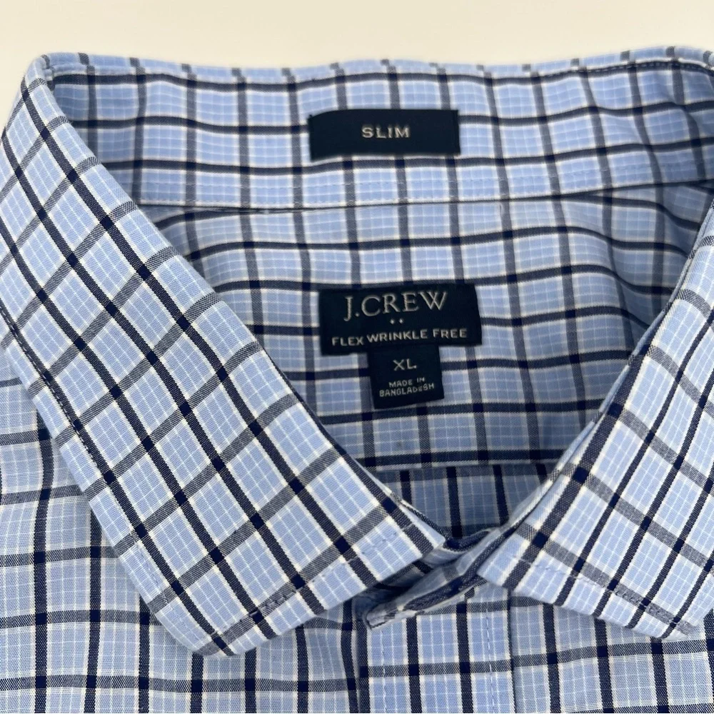 J.Crew Men’s XL Slim‎ Flex Wrinkle-Free Shirt – Blue Grid Plaid Button Down